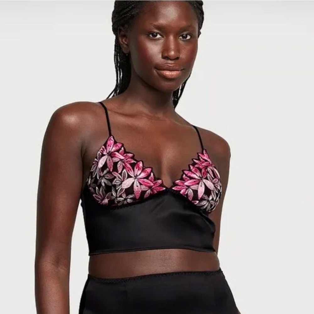 Victoria's Secret Lace Longline Bralette Black Pink Floral Embroidery SizeXS NWT
